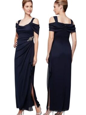 ALEX EVENINGS 🔖NWT! Navy Cold Shoulder Jewel Embellished Eveninh Gown - Size 10